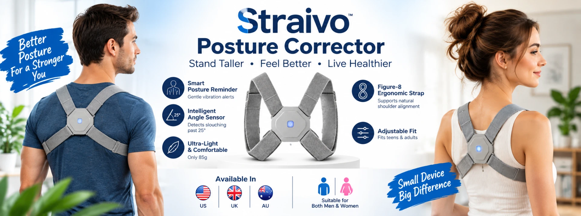 Straivo Posture Corrector brand artwork showing the gray figure-eight device worn by a man and woman, with the brand's product specifications.